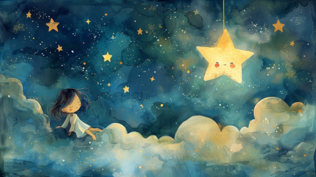 An enchanting illustration of a young girl sitting on clouds under a starry sky, gazing at a glowing, smiling star suspended in the cosmos.