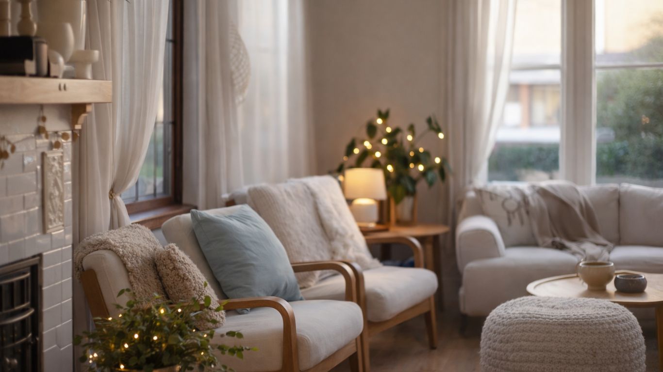 A calm, sunlit living room with soft neutral furniture and plants, reflecting a quiet moment of peace and finding joy in difficult times.