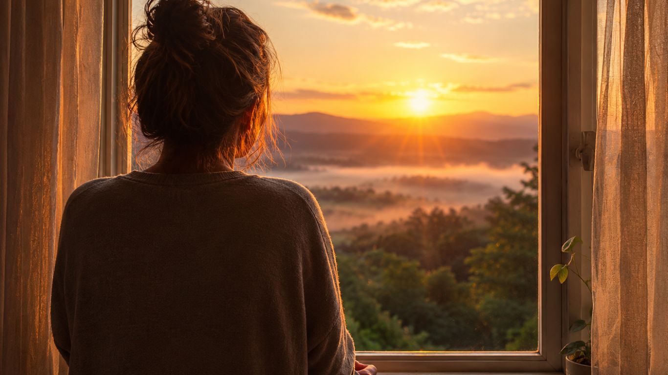 Person looking out a window at sunrise, reflecting the power of choice and how a shift in thinking can change our experience.